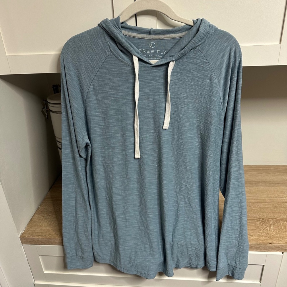 Free Fly Bamboo Slub Hoodie Mens L Lightweight Blue Pullover Gorpcore Hiking